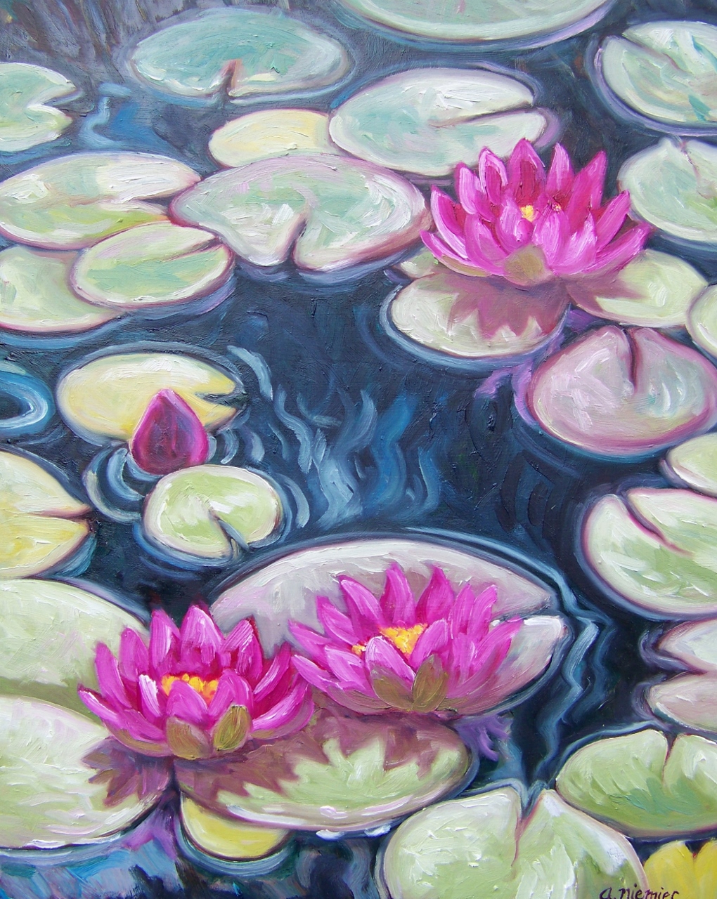 Lily pond w/ mag blossoms Turtle Bay oil on board