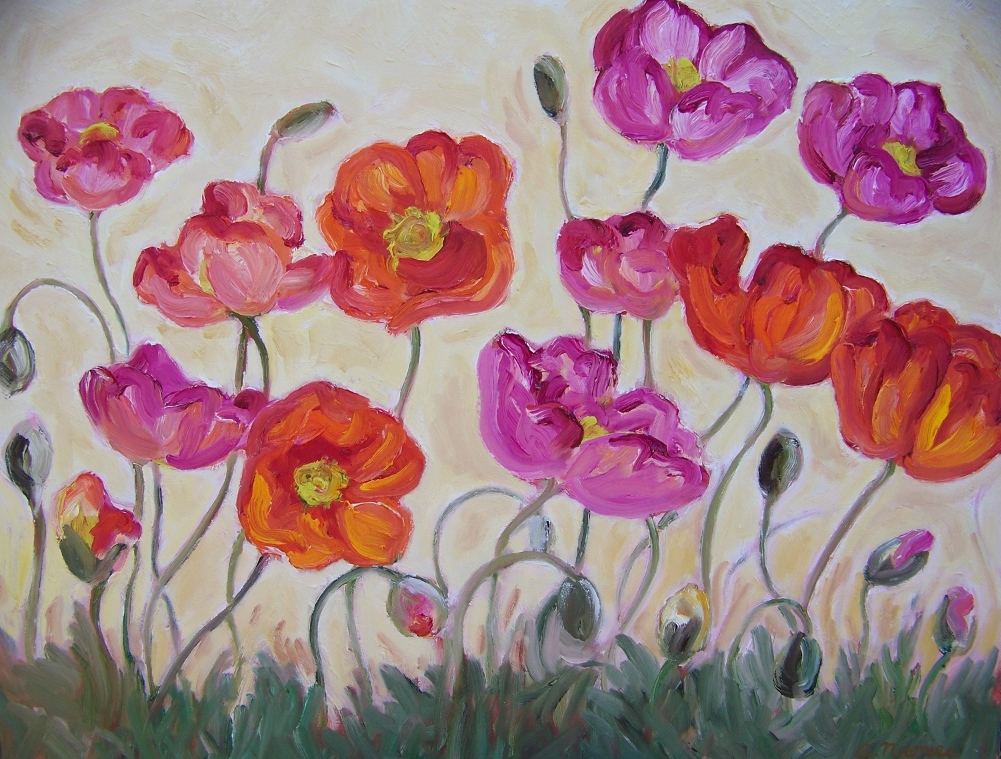Poppies on yellow oil on board
