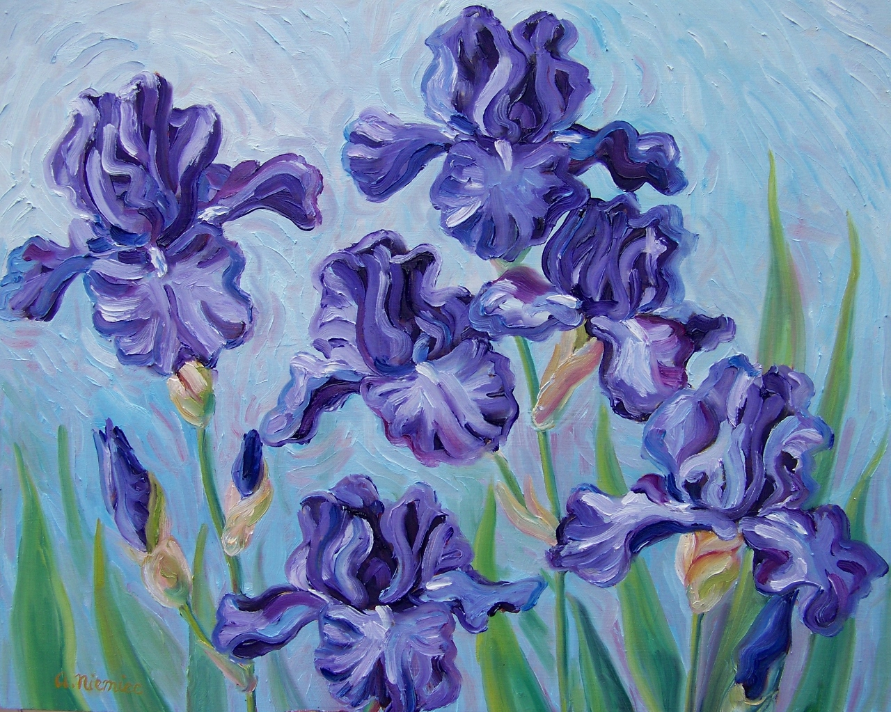 Purple iris on blue oil on board