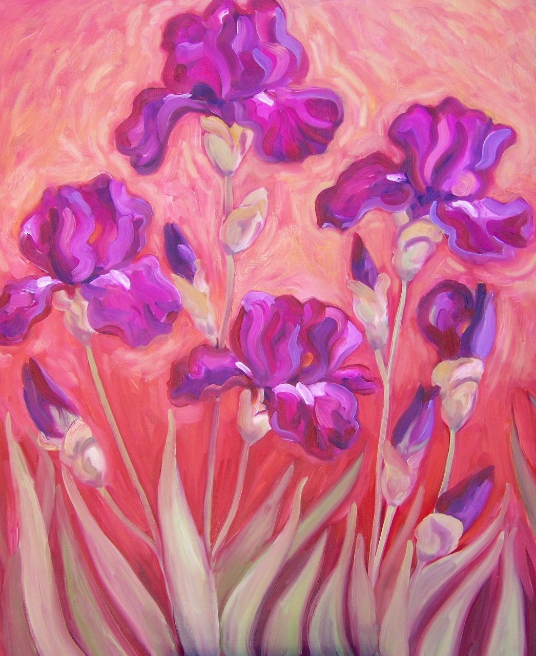 Purple iris on red oil on board
